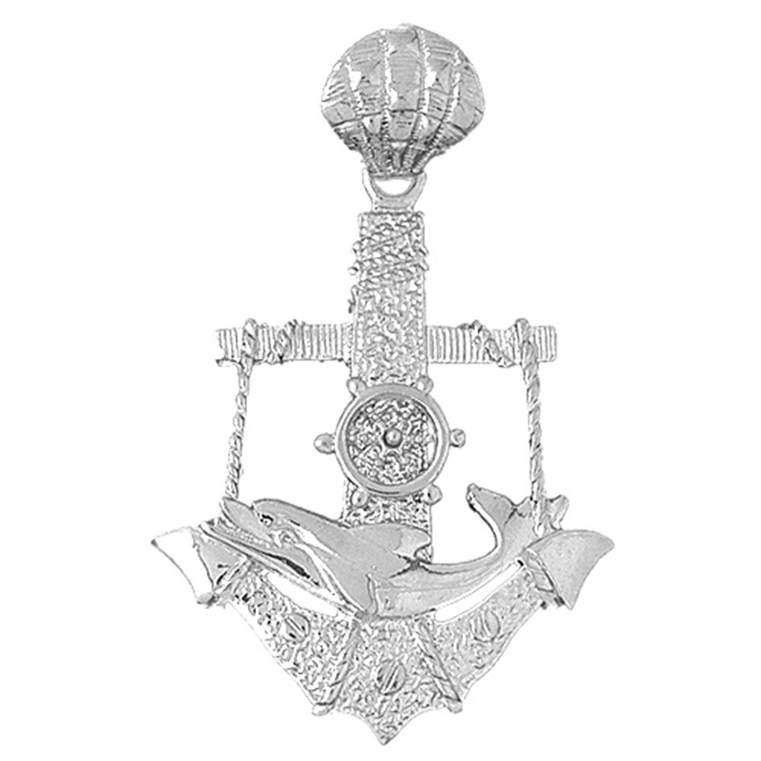 Sterling Silver Anchor With Dolphin And And Moveable Ships Wheel Pendant