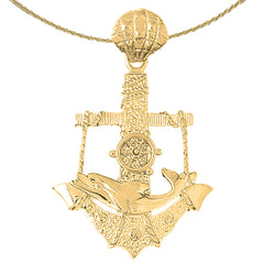 Sterling Silver Anchor With Dolphin And And Moveable Ships Wheel Pendant (Rhodium or Yellow Gold-plated)