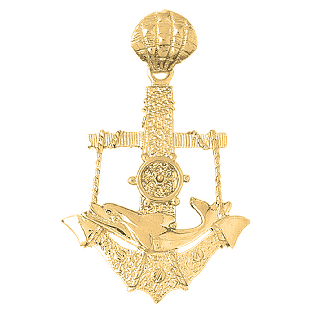10K, 14K or 18K Gold Anchor With Dolphin And  Moveable Ships Wheel Pendant