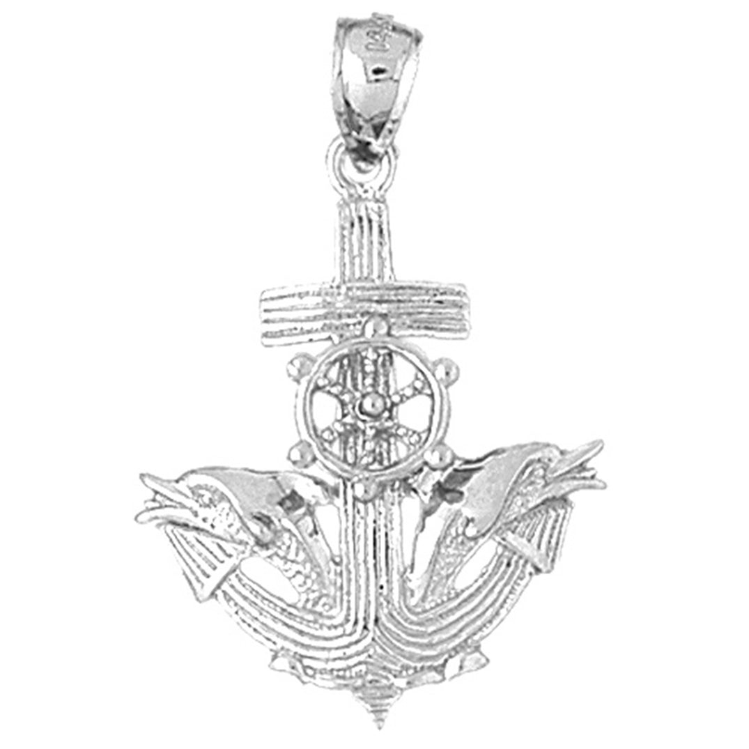 Sterling Silver Anchor With Dolphins And Moveable Ship Wheel Pendant