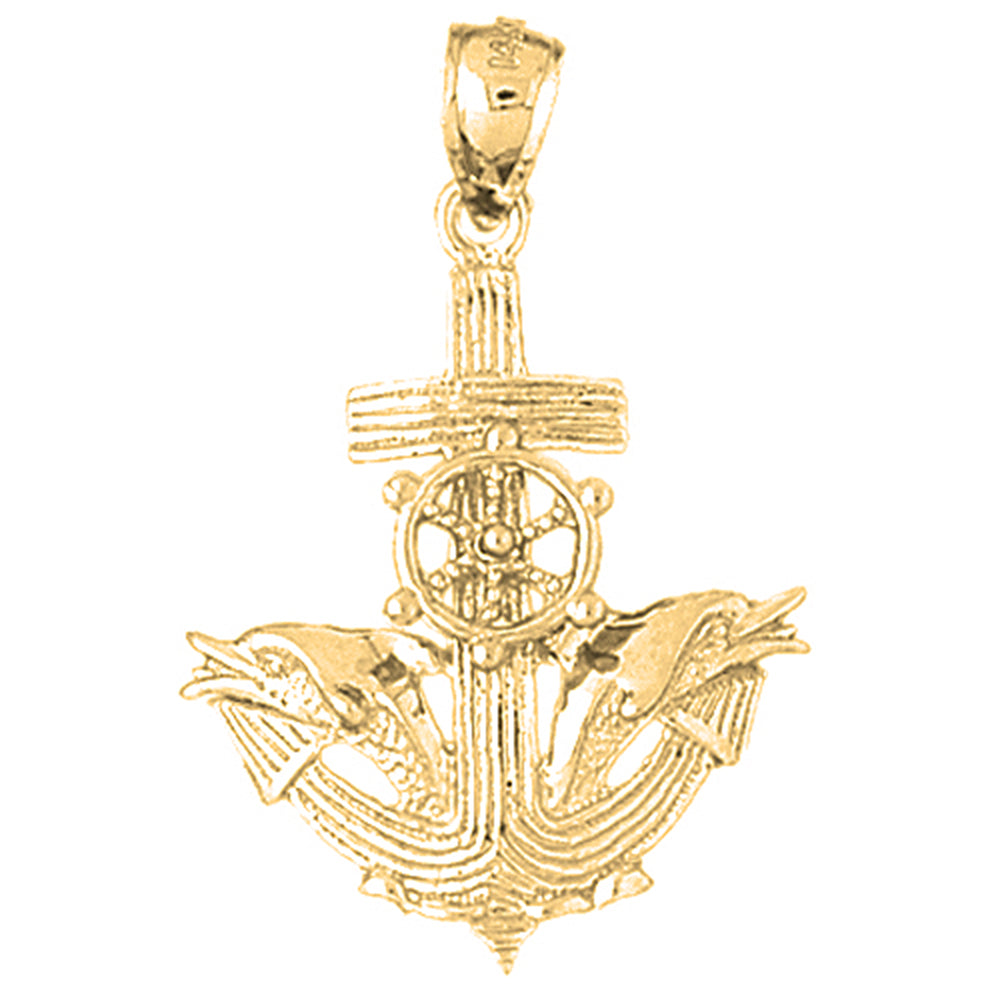 Yellow Gold-plated Silver Anchor With Dolphins And Moveable Ship Wheel Pendant