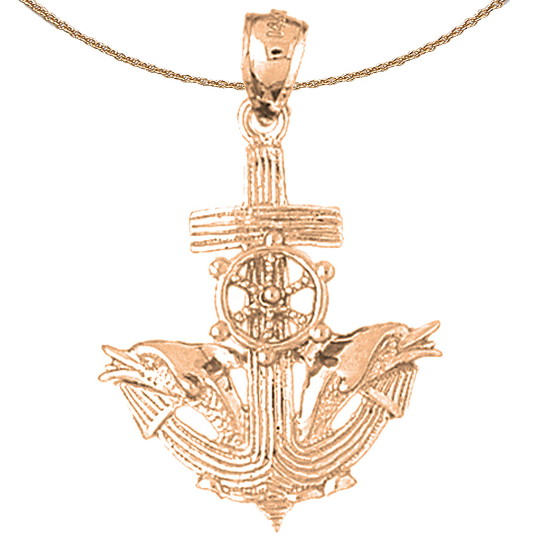 10K, 14K or 18K Gold Anchor With Dolphins And Moveable Ship Wheel Pendant