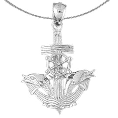 Sterling Silver Anchor With Dolphins And Moveable Ship Wheel Pendant (Rhodium or Yellow Gold-plated)