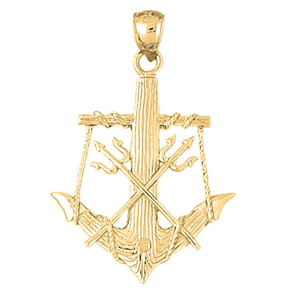 Yellow Gold-plated Silver Anchor With Posiedon's Trident 3D Pendant