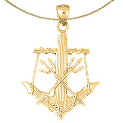 Sterling Silver Anchor With Posiedon's Trident 3D Pendant (Rhodium or Yellow Gold-plated)