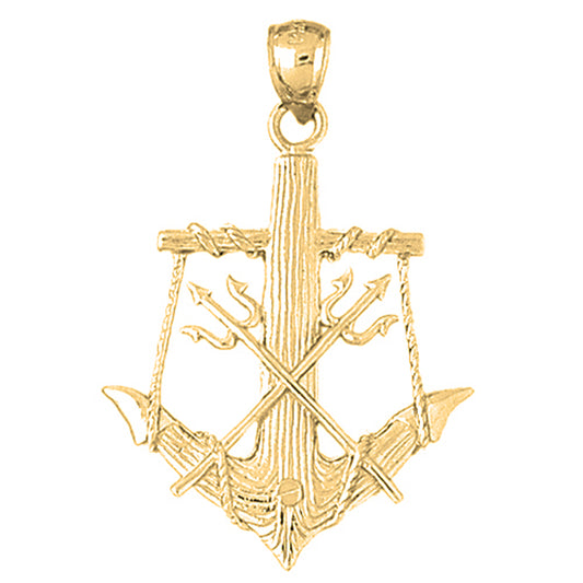 10K, 14K or 18K Gold Anchor With Poseidon's Trident 3D Pendant