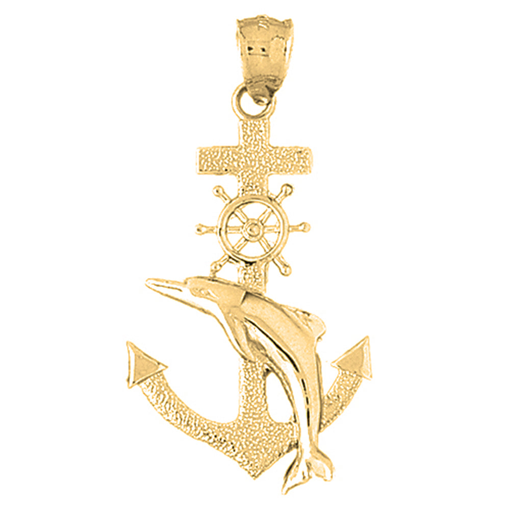 10K, 14K or 18K Gold Anchor With Dolphin And Ships Wheel Pendant