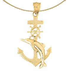 Sterling Silver Anchor With Dolphin And Ships Wheel Pendant (Rhodium or Yellow Gold-plated)