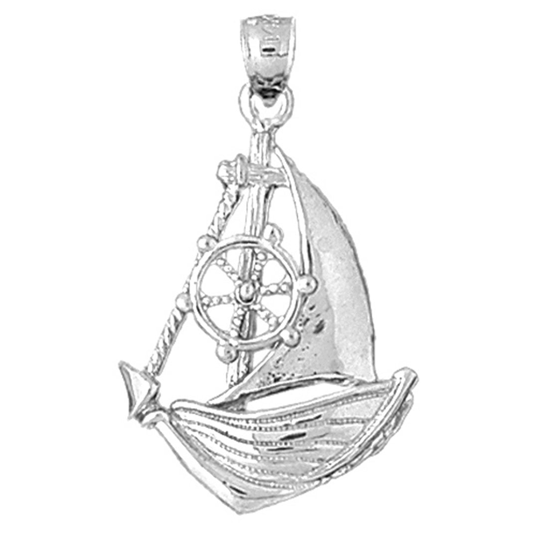 Sterling Silver Sailboat With Ships Wheel Pendant