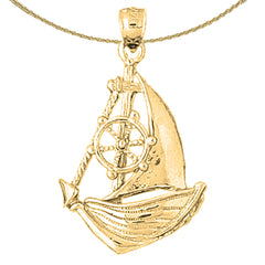 Sterling Silver Sailboat With Ships Wheel Pendant (Rhodium or Yellow Gold-plated)