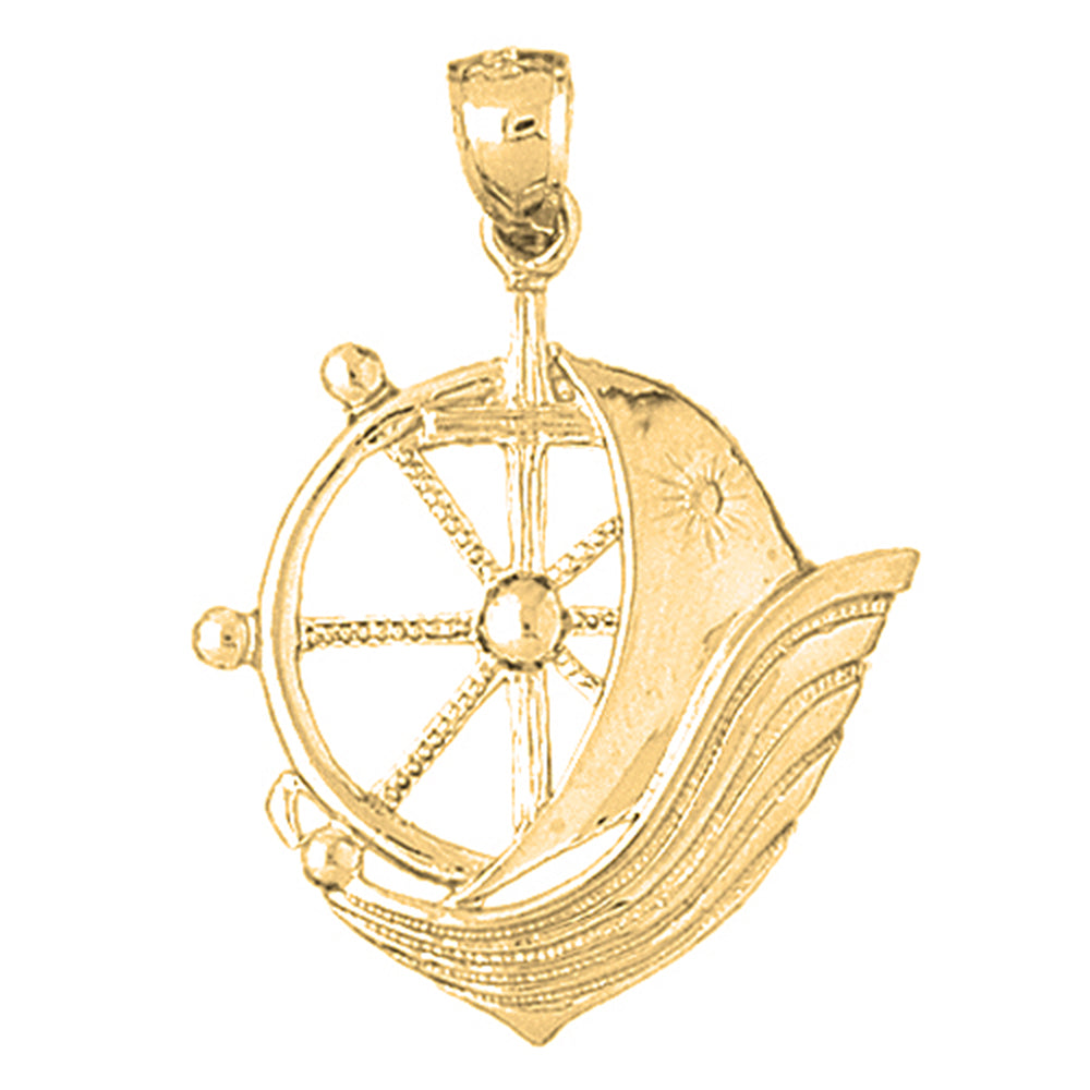 10K, 14K or 18K Gold Sailboat With Ships Wheel Pendant