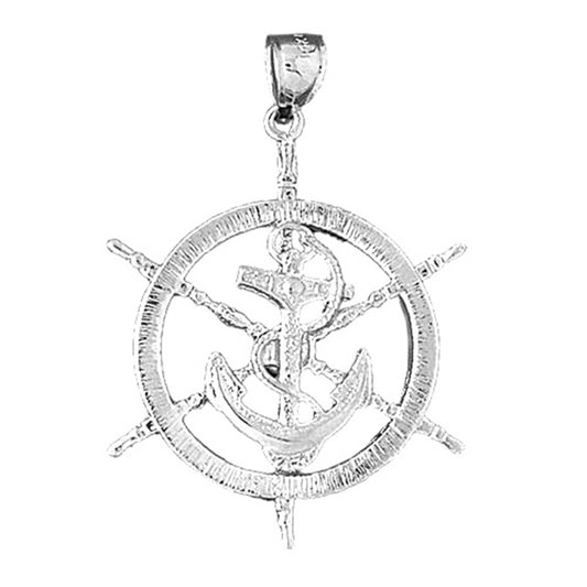 Sterling Silver Ships Wheel With Anchor Pendant