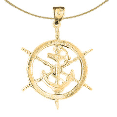 Sterling Silver Ships Wheel With Anchor Pendant (Rhodium or Yellow Gold-plated)