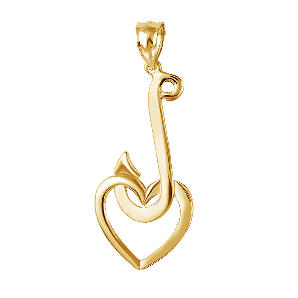 Sterling Silver Fish Hook With Heart Pendant (Rhodium or Yellow  Gold-plated) - Yellow Gold-plated / No