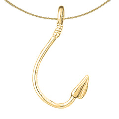 Sterling Silver 3D Fish Hook Pendant (Rhodium or Yellow Gold-plated)