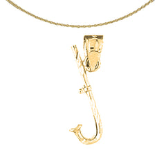 Sterling Silver 3D Fish Hook Pendant (Rhodium or Yellow Gold-plated)
