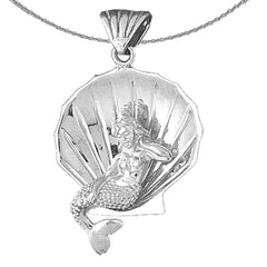 Sterling Silver 3D Mermaid And Shell Pendant (Rhodium or Yellow Gold-plated)