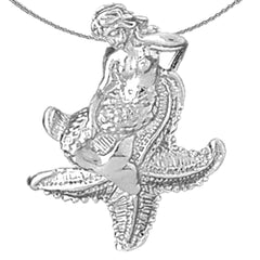 Sterling Silver 3D Mermaid And Starfish Pendant (Rhodium or Yellow Gold-plated)
