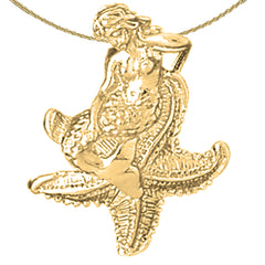 Sterling Silver 3D Mermaid And Starfish Pendant (Rhodium or Yellow Gold-plated)