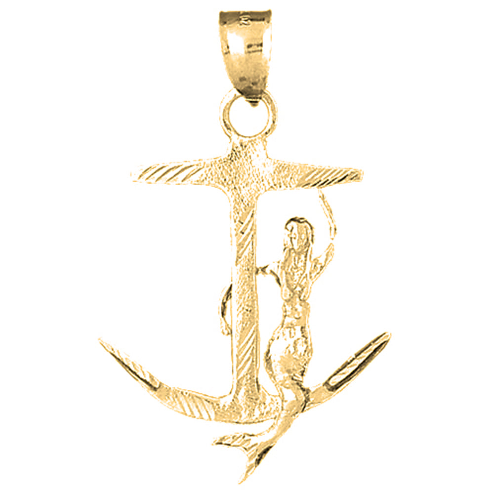 Yellow Gold-plated Silver 3D Mermaid And Anchor Pendant