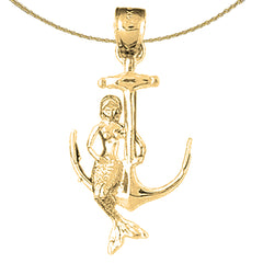 Sterling Silver Mermaid And Anchor Pendant (Rhodium or Yellow Gold-plated)