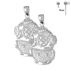 Sterling Silver 39mm Diving Helmet Earrings (White or Yellow Gold Plated)