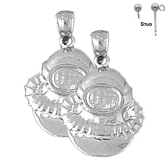 Sterling Silver 22mm Diving Helmet Earrings (White or Yellow Gold Plated)