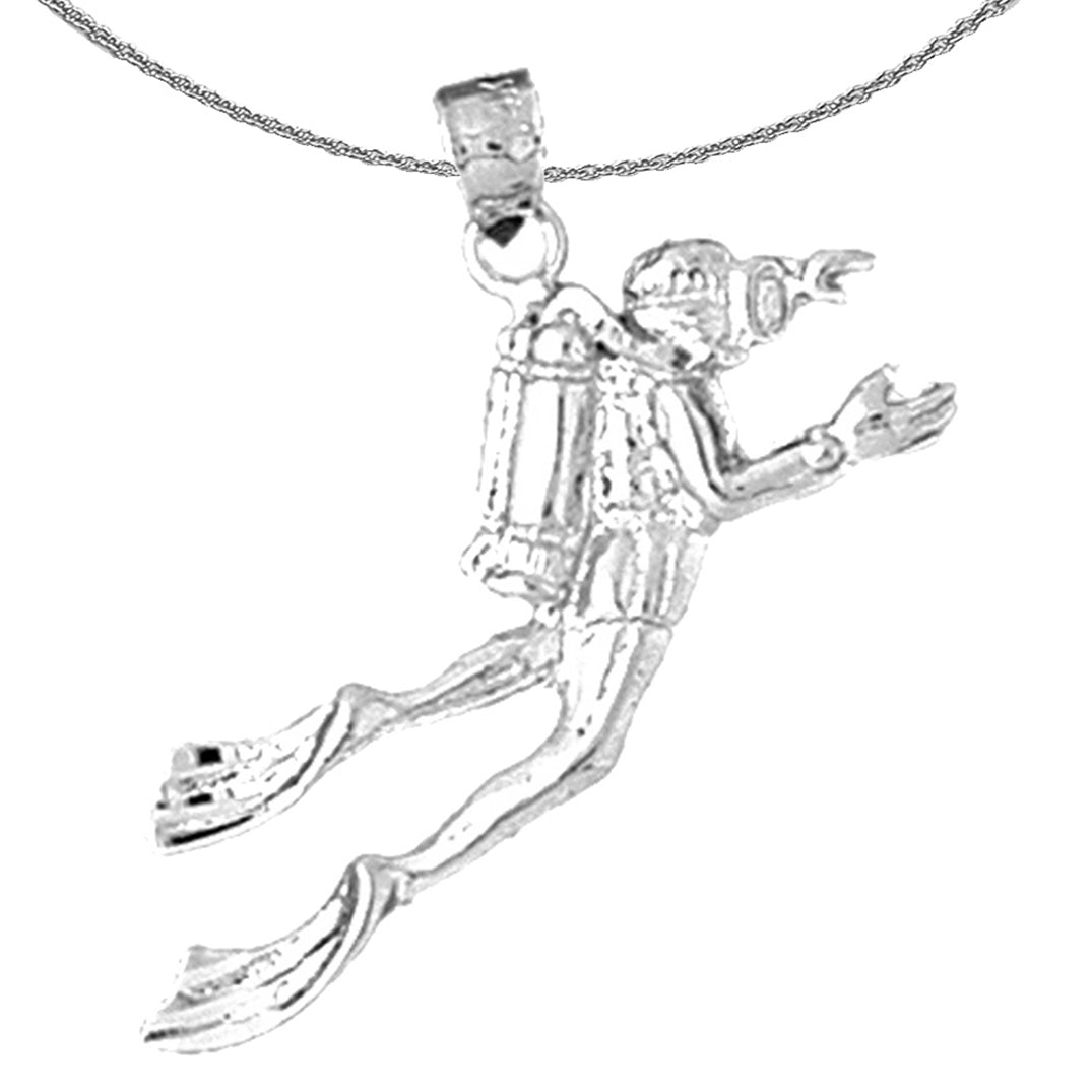 Sterling Silver Scuba Diver Pendant (Rhodium or Yellow Gold-plated)