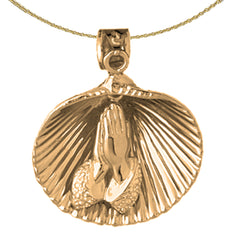 Sterling Silver Shell With Praying Hands Pendant (Rhodium or Yellow Gold-plated)