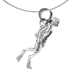Sterling Silver 3D Scuba Diver Pendant (Rhodium or Yellow Gold-plated)