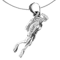 Sterling Silver 3D Scuba Diver Pendant (Rhodium or Yellow Gold-plated)
