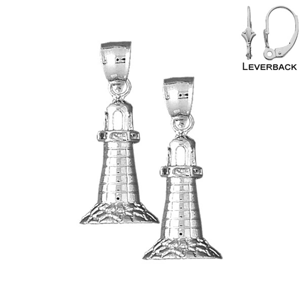 Sterling Silver 30mm Lighthouse Earrings (White or Yellow Gold Plated)