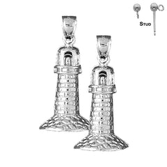 Sterling Silver 34mm Lighthouse Earrings (White or Yellow Gold Plated)