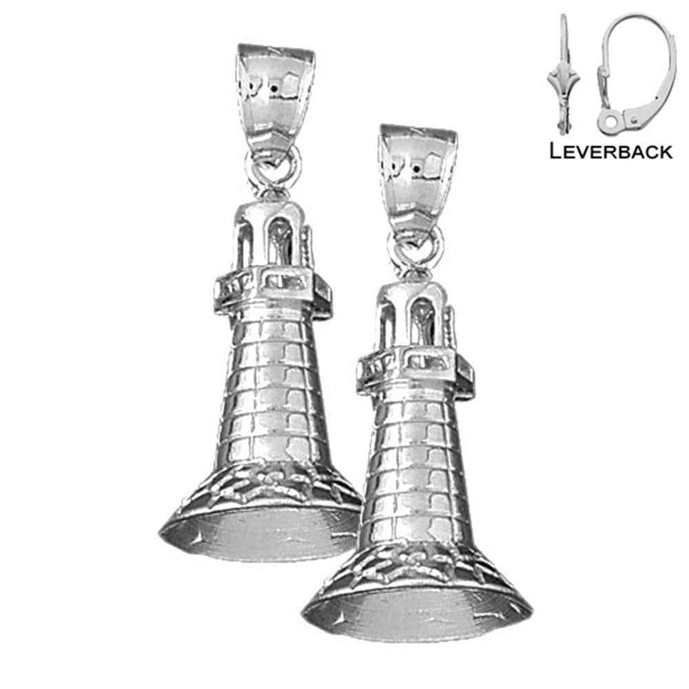 Sterling Silver 33mm 3D Lighthouse Earrings (White or Yellow Gold Plated)