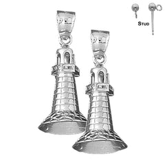 Sterling Silver 33mm 3D Lighthouse Earrings (White or Yellow Gold Plated)