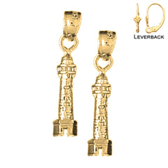 Sterling Silver 22mm 3D Lighthouse Earrings (White or Yellow Gold Plated)