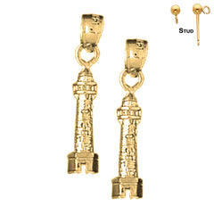 Sterling Silver 22mm 3D Lighthouse Earrings (White or Yellow Gold Plated)