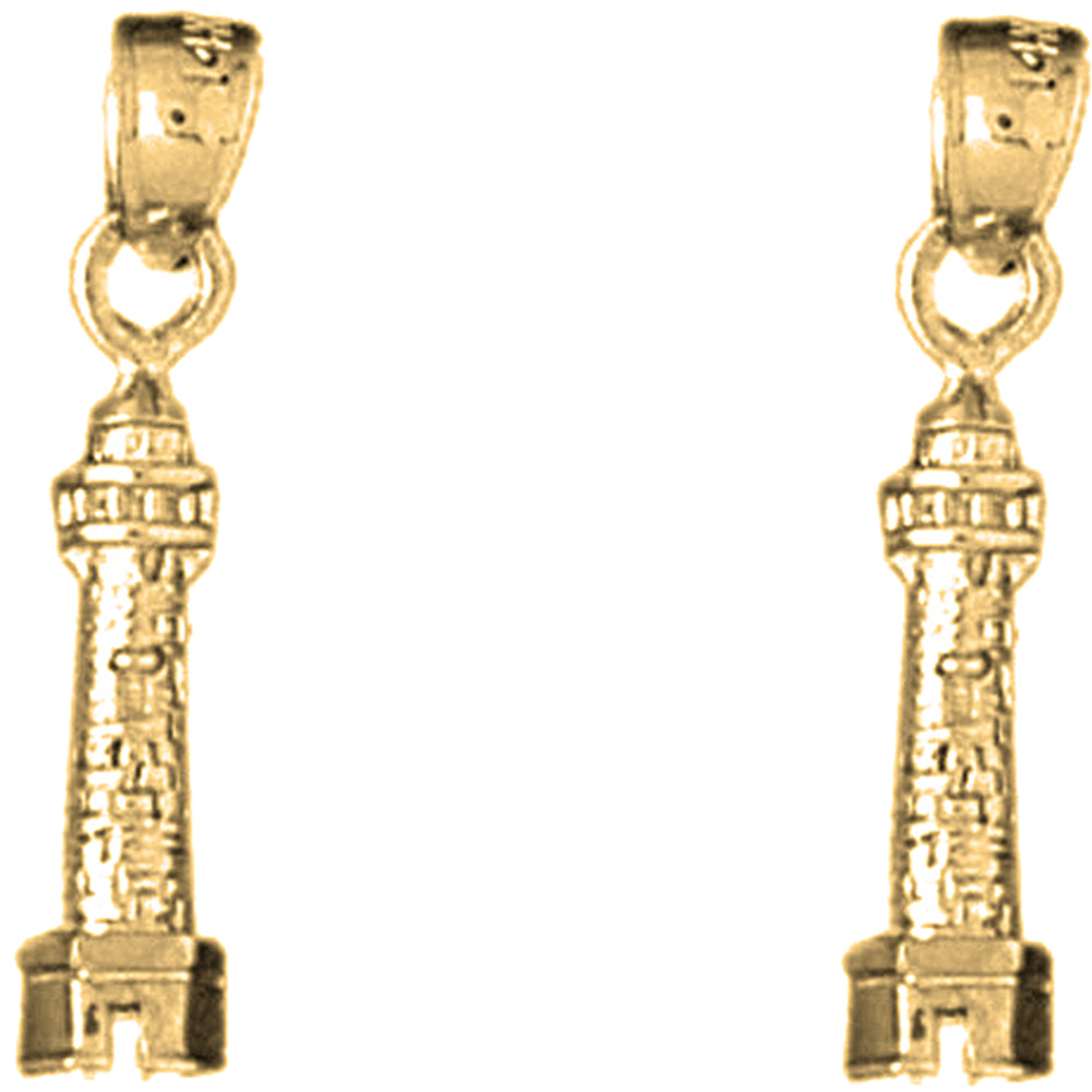 Yellow Gold-plated Silver 22mm 3D Lighthouse Earrings