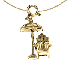 Sterling Silver 3D Beach Chair And Umbrella Pendant (Rhodium or Yellow Gold-plated)