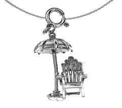 Sterling Silver 3D Beach Chair And Umbrella Pendant (Rhodium or Yellow Gold-plated)