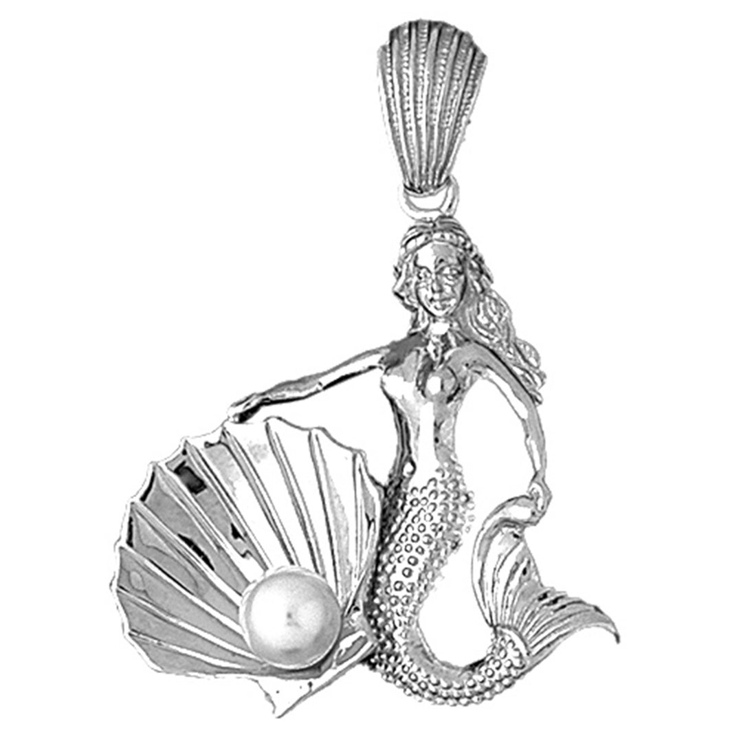 Sterling Silver Mermaid With Shell And Pearl Pendant