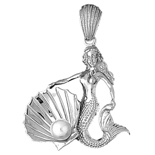 Sterling Silver Mermaid With Shell And Pearl Pendant