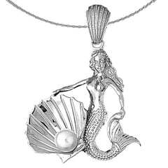 Sterling Silver Mermaid With Shell And Pearl Pendant (Rhodium or Yellow Gold-plated)