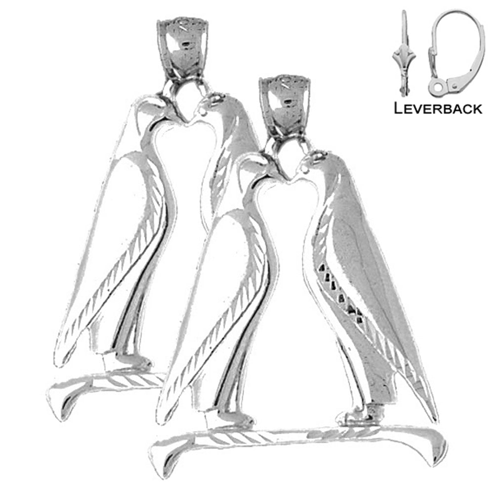 Sterling Silver 36mm Penguins Kissing Earrings (White or Yellow Gold Plated)