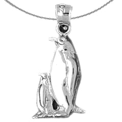 Sterling Silver Mother And Baby Penguin Pendant (Rhodium or Yellow Gold-plated)