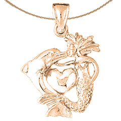 10K, 14K or 18K Gold 3D Mermaid, Dolphin, And Heart Pendant
