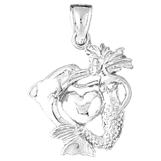 Sterling Silver 3D Mermaid, Dolphin, And Heart Pendant
