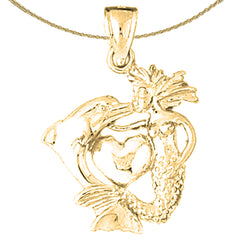 Sterling Silver 3D Mermaid, Dolphin, And Heart Pendant (Rhodium or Yellow Gold-plated)