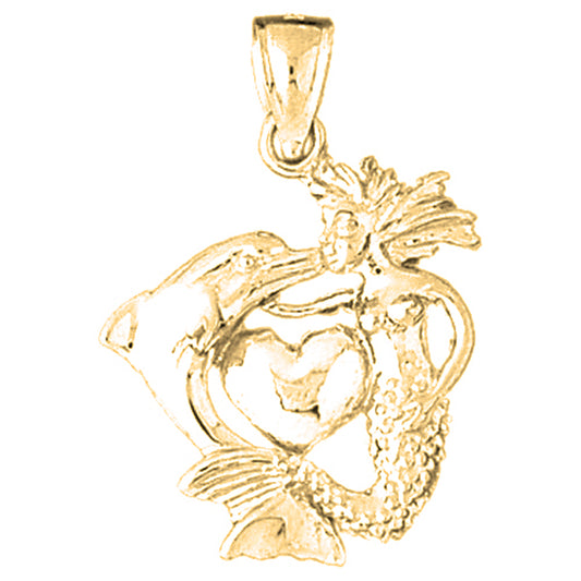Yellow Gold-plated Silver 3D Mermaid, Dolphin, And Heart Pendant