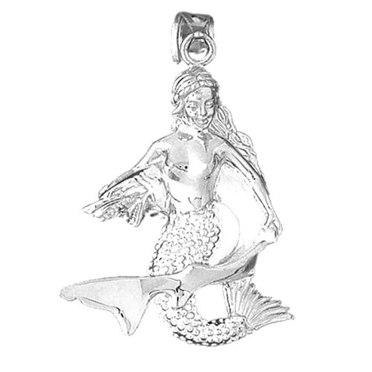 Sterling Silver 3D Mermaid With Shark Pendant